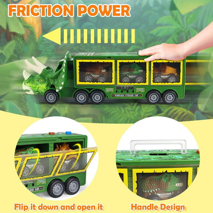 Close-up of a green dinosaur carrier truck toy for kids, featuring sound and light