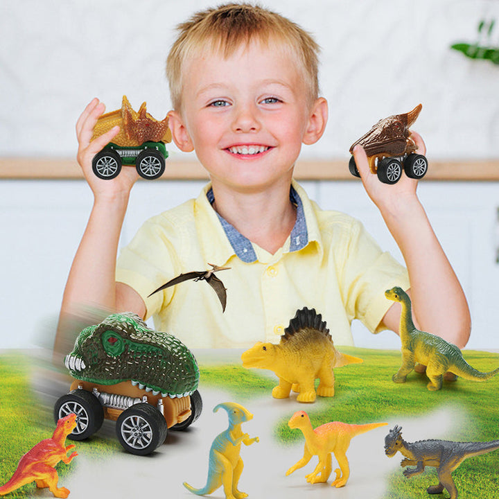 Child playing with a red dinosaur transport truck toy, loading small dinosaurs