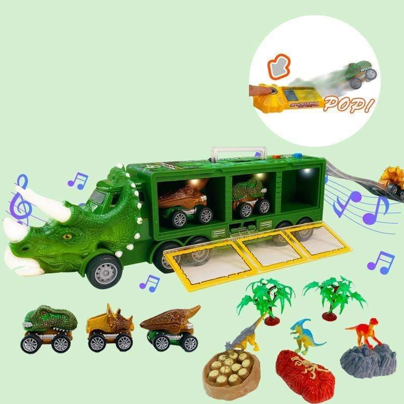 Side view of a blue dinosaur carrier truck toy, ready for imaginative play by children