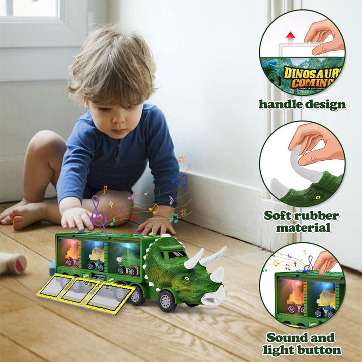 Assorted toy dinosaurs peeking out of a musical carrier truck for kids' playtime