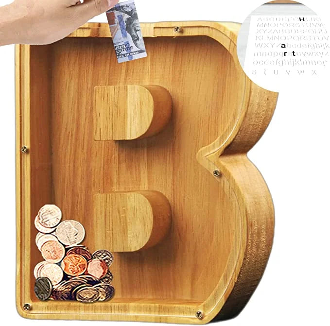 Diverse collection of Personalized Wooden Alphabet Piggy Banks, each with a different letter