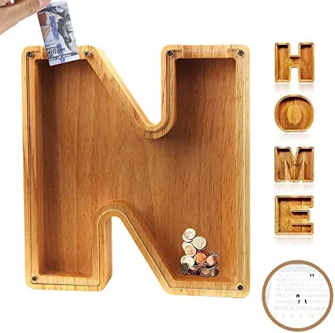 Personalized Wooden Alphabet Piggy Bank with 'M', designed as a money box for children's savings
