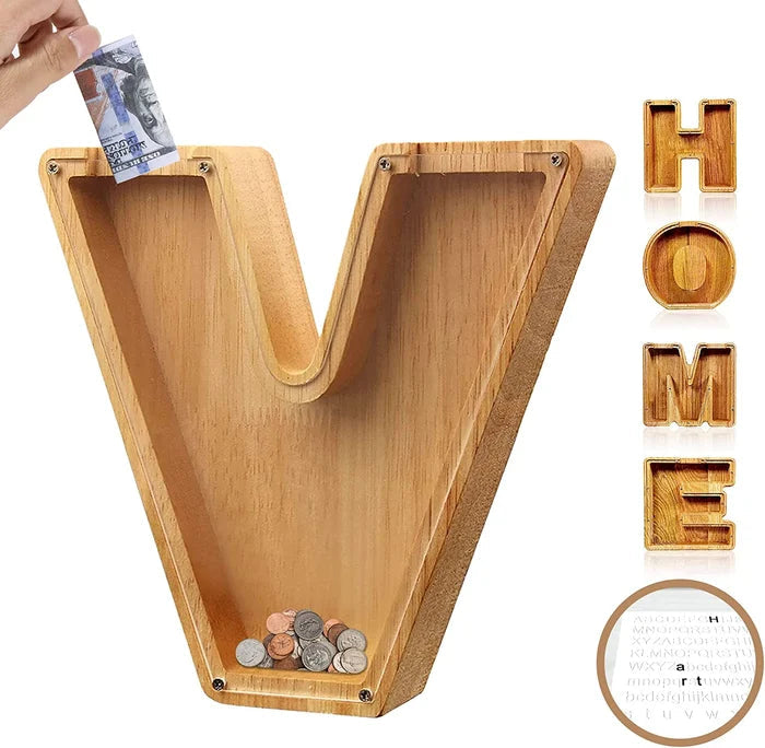 Overhead shot of the Personalized Wooden Alphabet Piggy Bank, showing all 26 alphabet letters