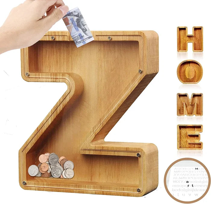 Kids' room decor: 'P' Personalized Wooden Alphabet Piggy Bank next to a soft teddy bear
