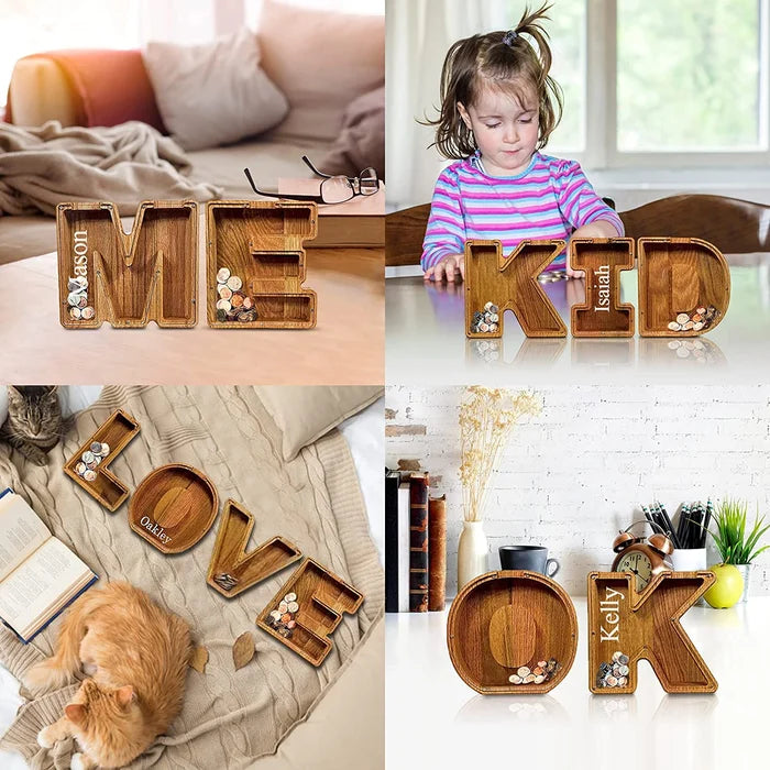 Close-up of Kids' Personalized Wooden Alphabet Piggy Bank, showing detailed 'A' letter and coin slot