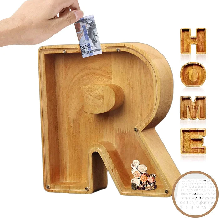 Educational Wooden Alphabet Piggy Bank, a fun way for kids to learn and practice saving