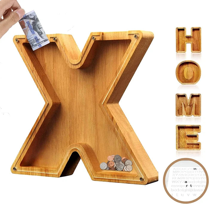 Personalized Wooden Alphabet Piggy Bank, 'J' initial, as a functional and decorative item