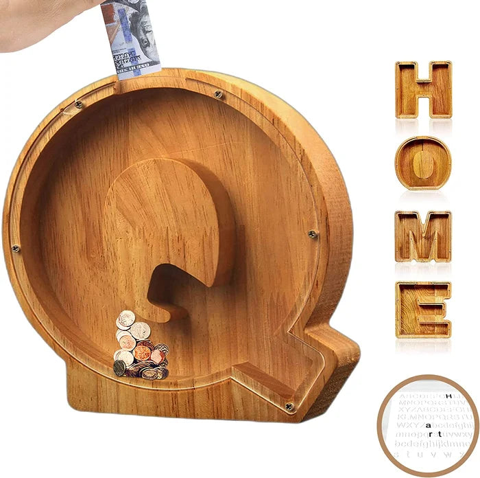 Detailed carving of the alphabet on the Personalized Wooden Piggy Bank, a high-quality kids' gift