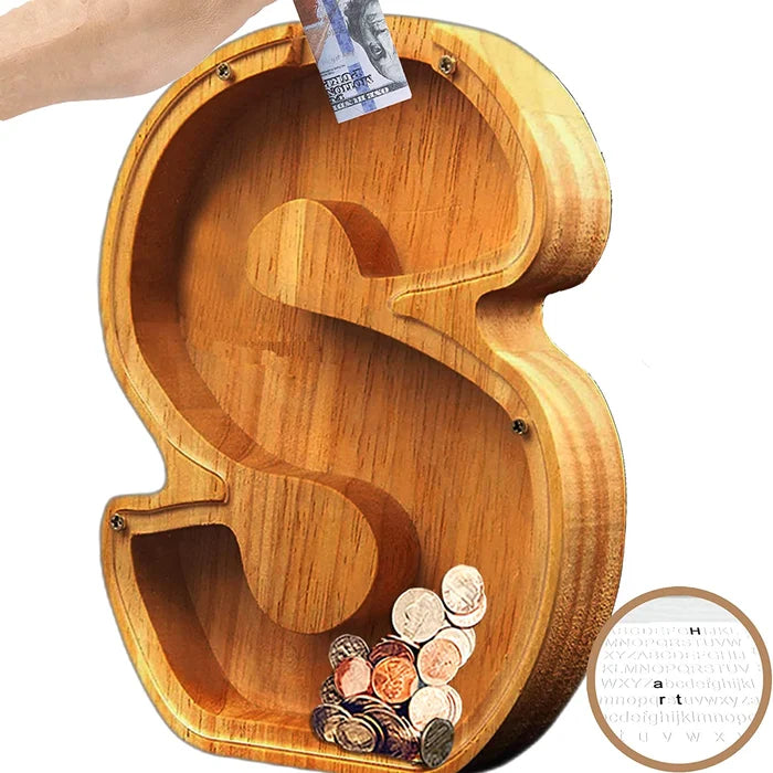 Gift box opening to reveal a Personalized Wooden Alphabet Piggy Bank, a thoughtful present
