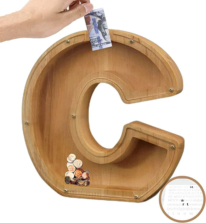 Full shot of the handcrafted Personalized Wooden Alphabet Piggy Bank, a durable educational toy