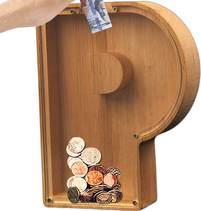 Personalized Wooden Alphabet Piggy Bank, engraved with 'R', promoting early childhood financial literacy