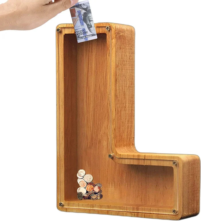 Front view of the Kids' Personalized Wooden Alphabet Piggy Bank, showcasing its full alphabet design