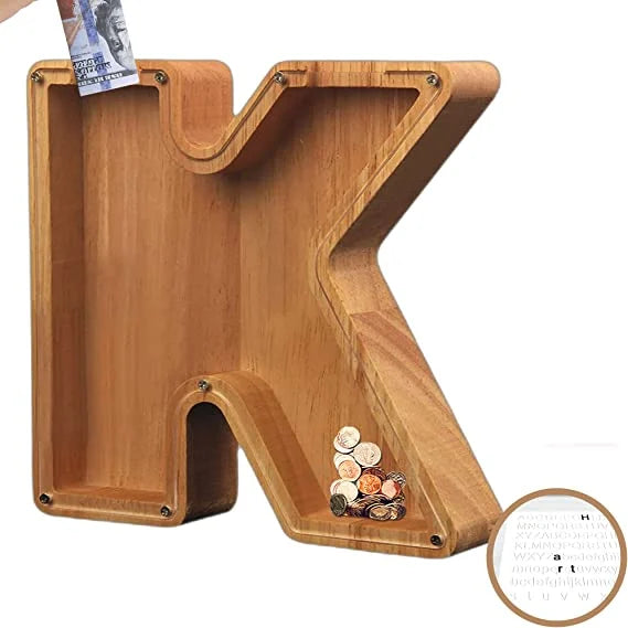 Side profile of the Wooden Alphabet Piggy Bank, highlighting its sturdy, eco-friendly wood construction