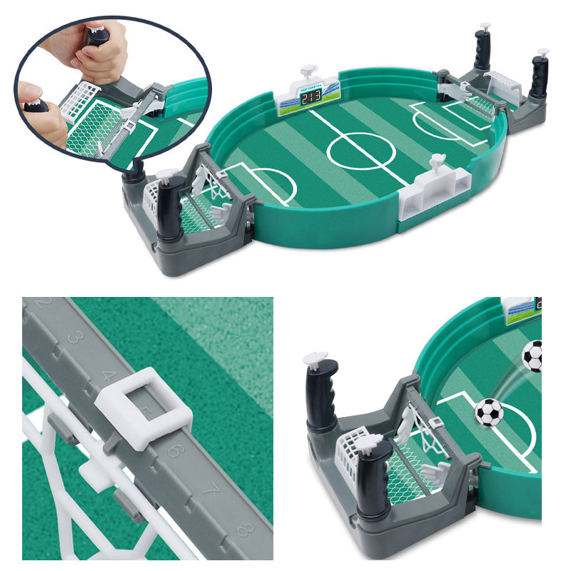 Child concentrating on moving players in interactive tabletop soccer game, developing motor skills