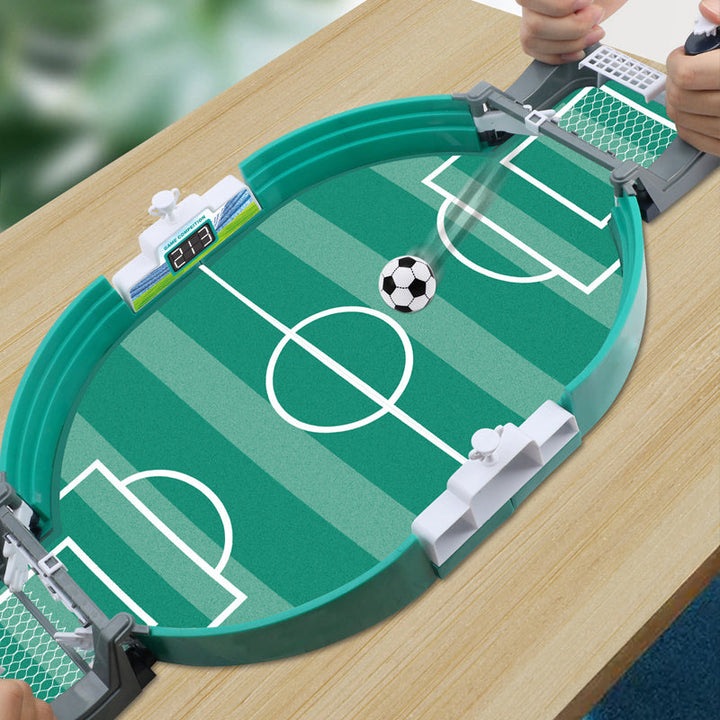 Top-down view of interactive soccer tabletop game, full setup with scorekeepers, fun family board game