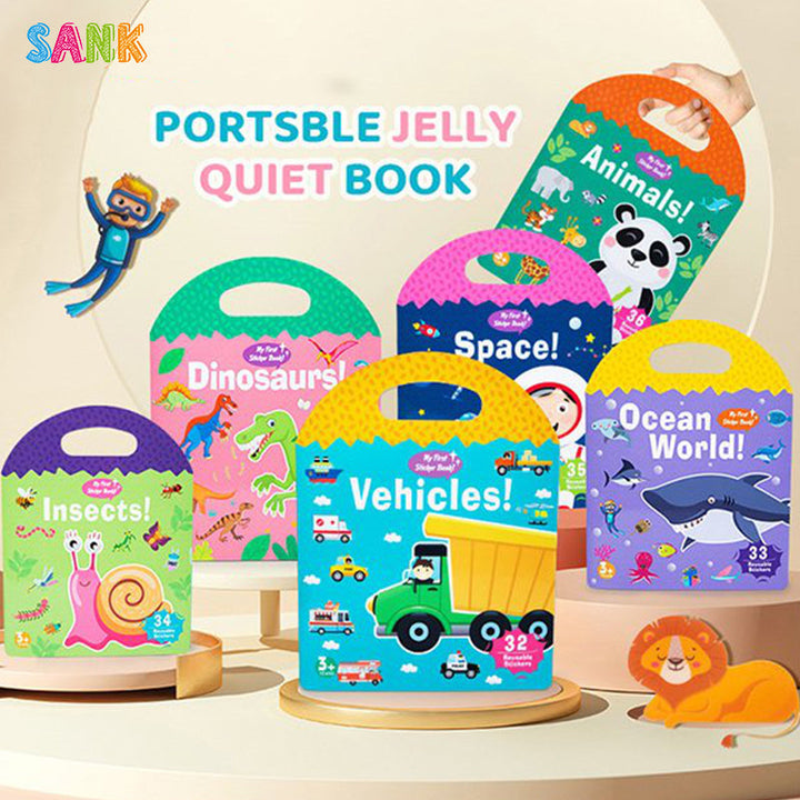 Kids' portable jelly sticker quiet book, open to an interactive farm scene for learning & play