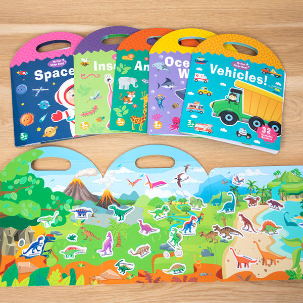 Happy child showcasing their completed quiet book page filled with jelly stickers, learning ABCs