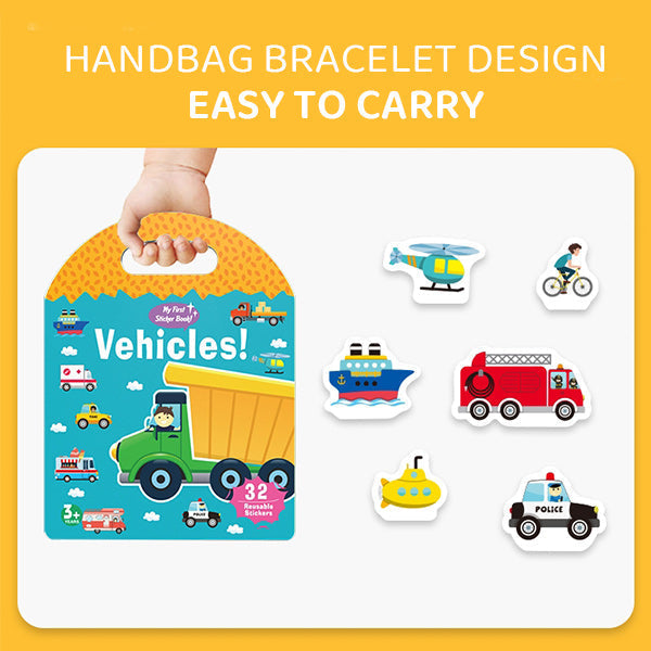 Toddler happily playing with reusable jelly stickers on a quiet book page, on a plane for travel