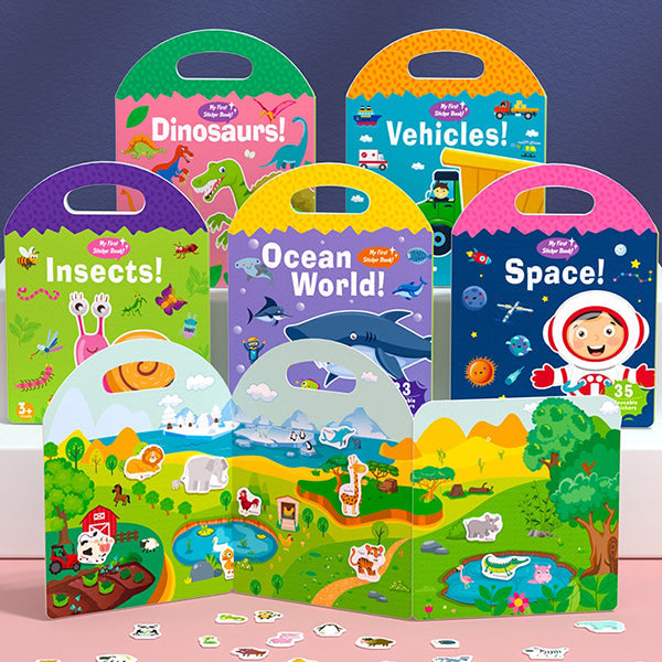 Close-up of a child's hand placing a colorful jelly sticker onto a quiet book's educational page