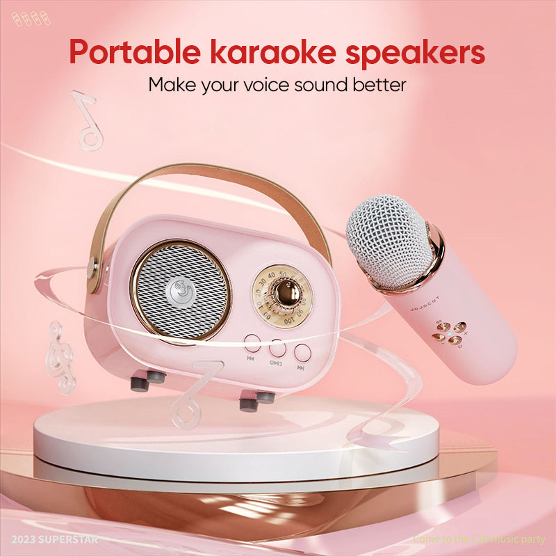 Children's portable singing machine, blue, with easy-to-use buttons and a matching wireless mic.