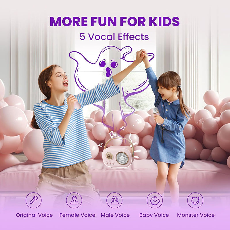 Portable audio speaker for kids with built-in microphone holder, vibrant design, and clear sound.