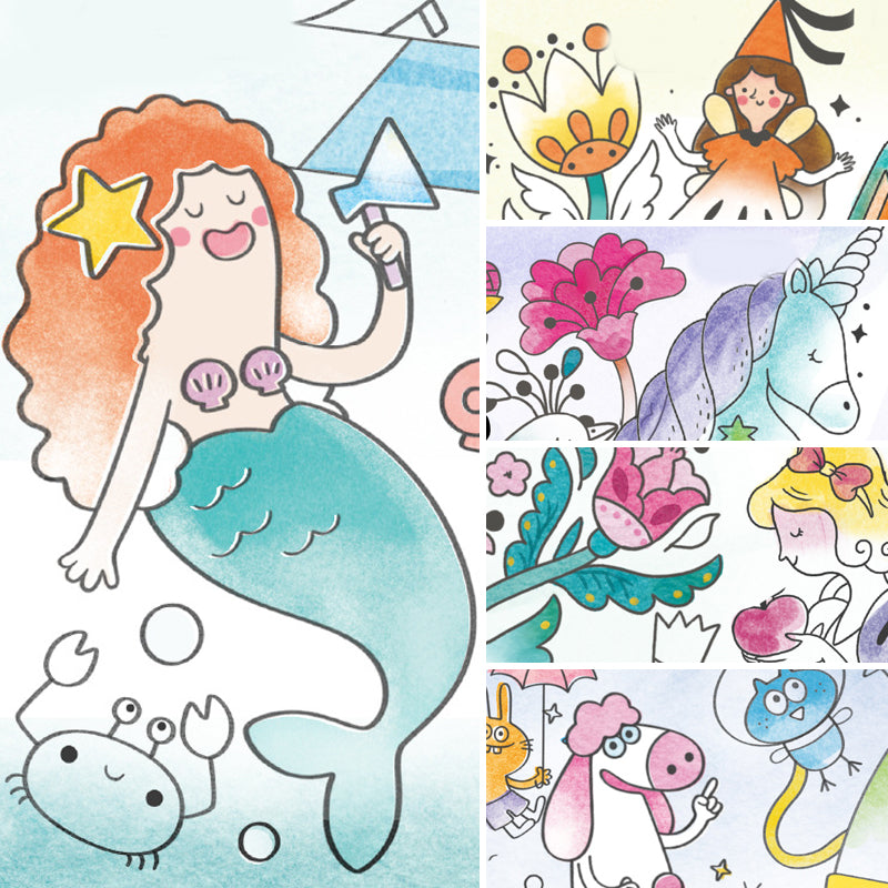 Kids' creative watercolor book open to a page featuring animals to paint