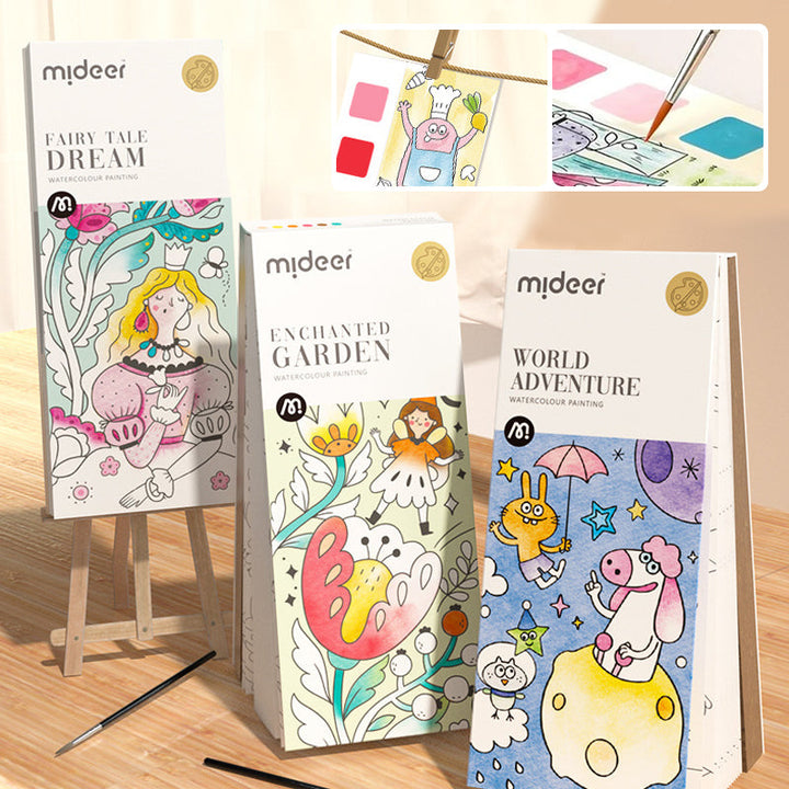 Mini watercolor painting book set for kids, includes paint, brush, and paper
