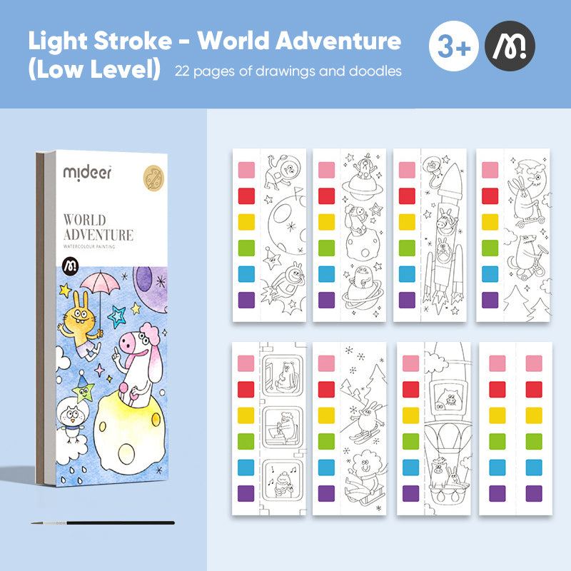 Travel-friendly watercolor painting book and brush, ideal for young artists