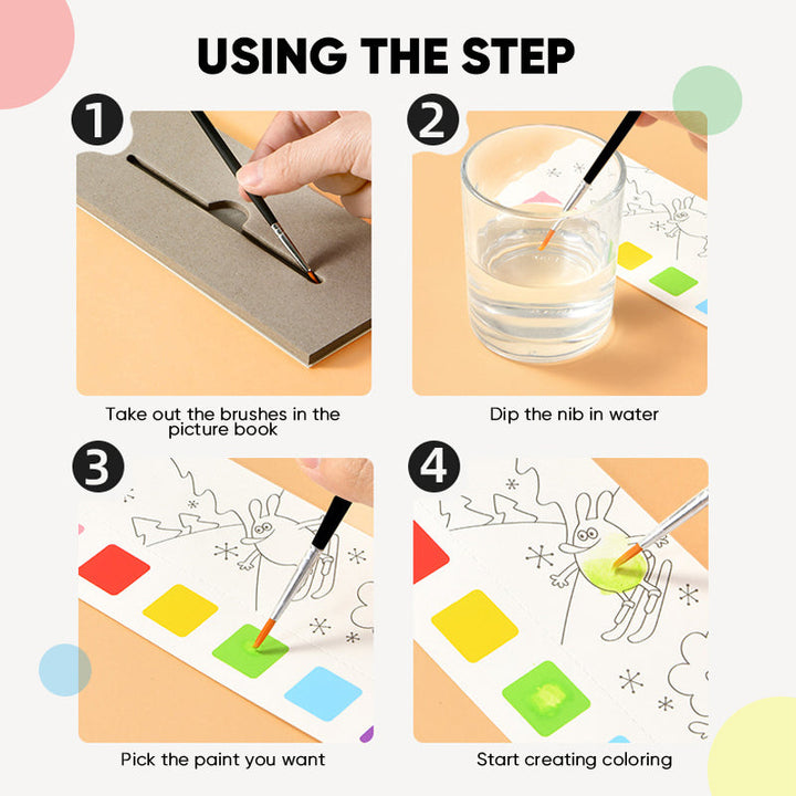 Child concentrating on painting in their portable watercolor book, learning art