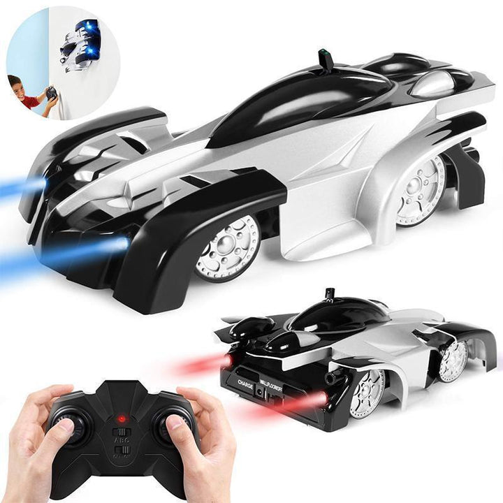 Kids' red wall climbing RC car with bright LED headlights, anti-gravity feature, and remote control for indoor play