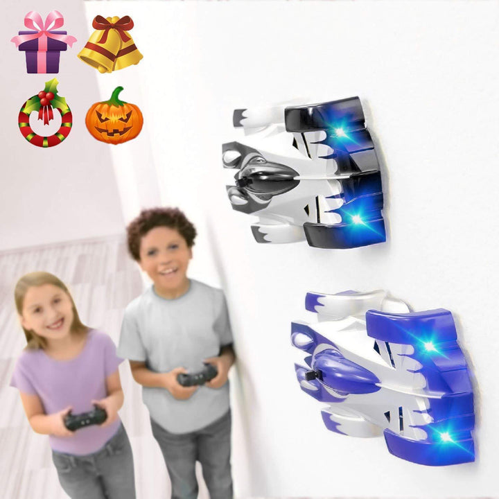 Blue anti-gravity remote control car for kids, climbing a wall with LED lights, a fun educational toy