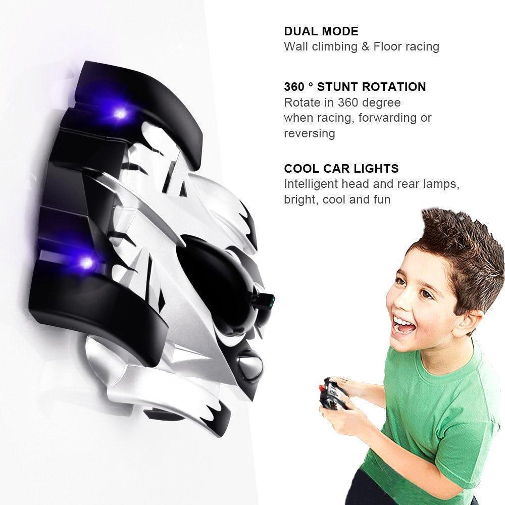 Green wall climbing RC car for children, showcasing its ability to drive on vertical surfaces with glowing headlights