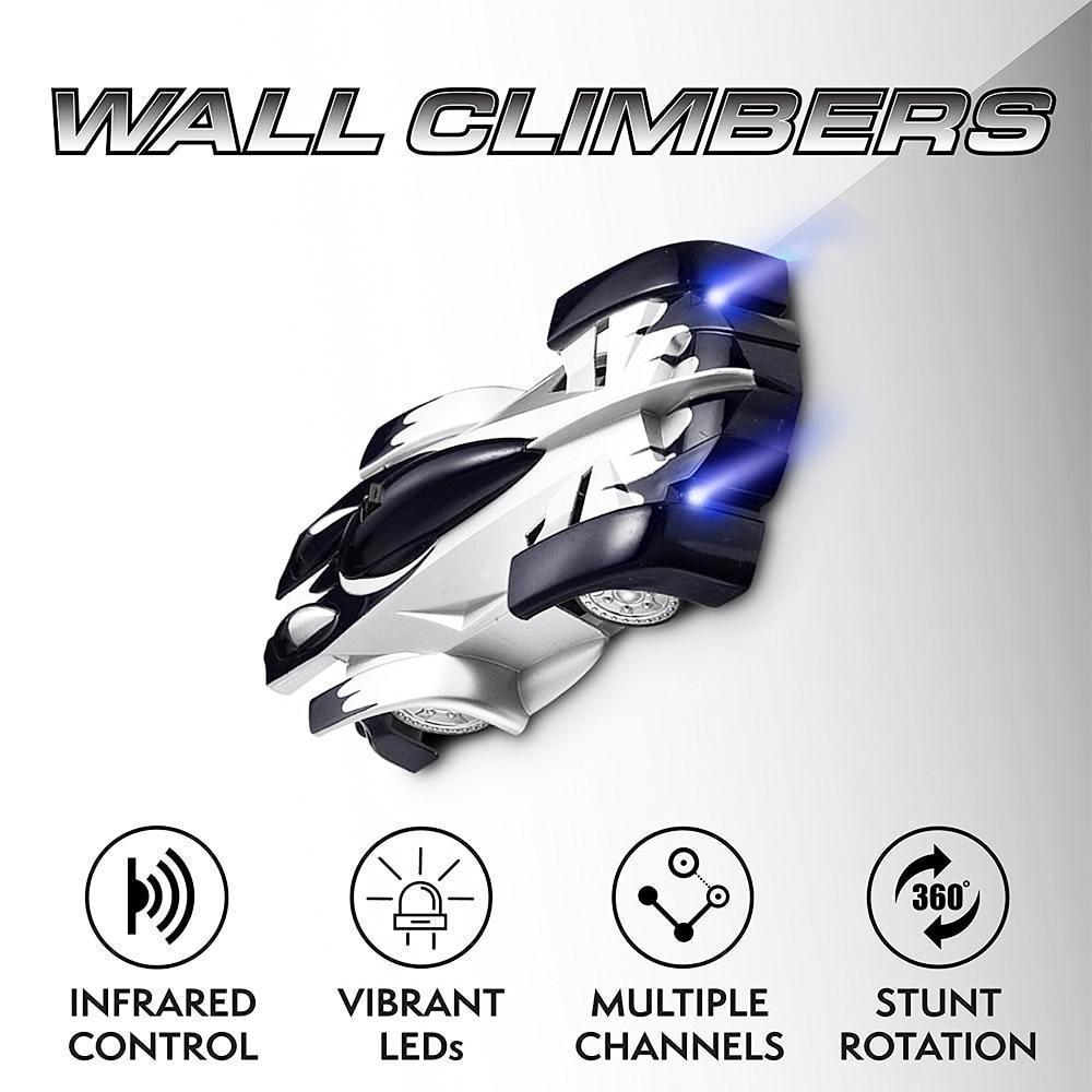 Kids' wall climbing RC car in motion on a window, showing its anti-gravity function and vibrant LED lights