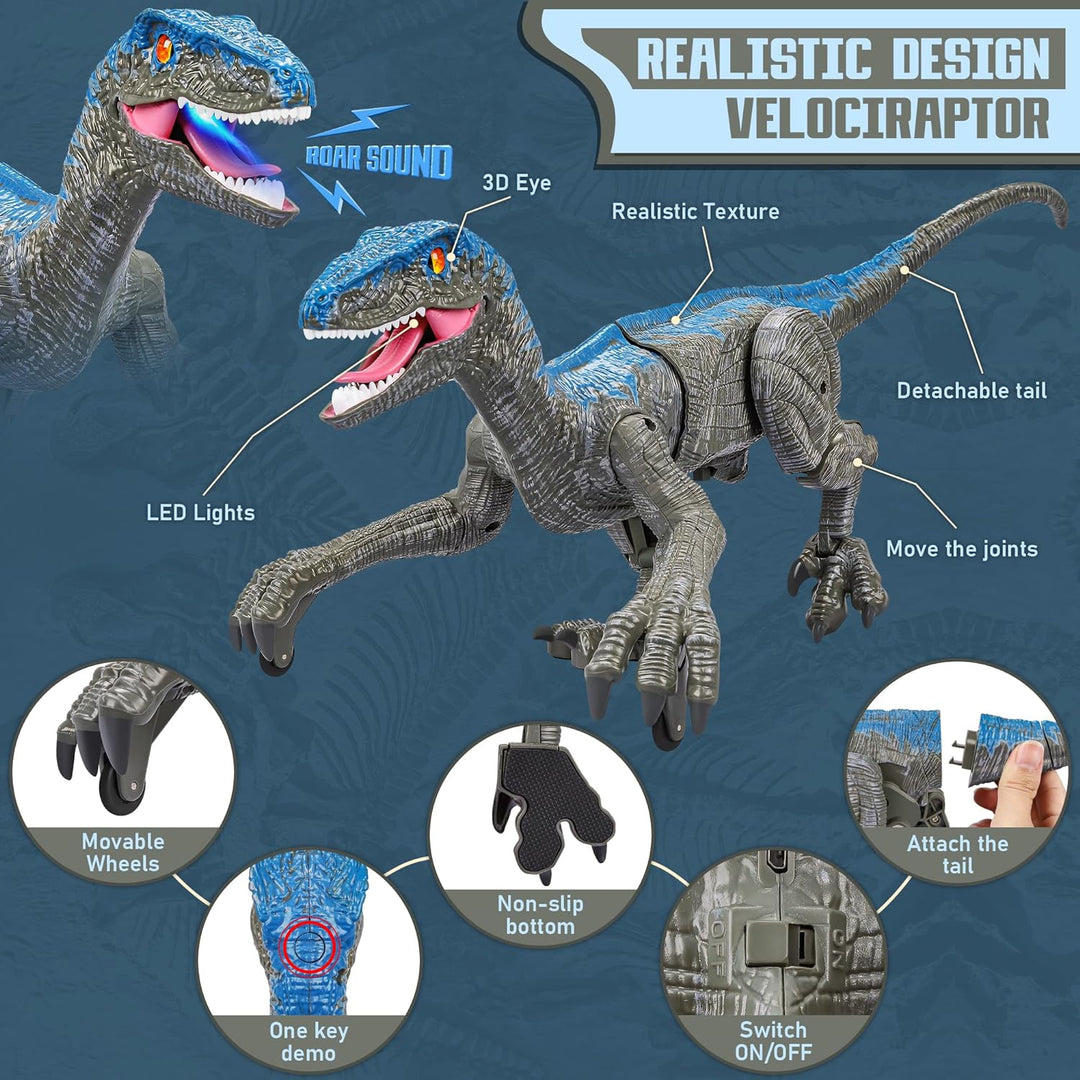 Interactive RC Velociraptor dinosaur toy, promoting imaginative play & learning about prehistoric animals.