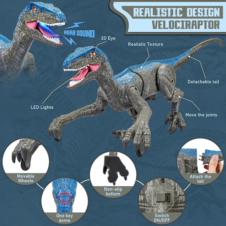 Interactive RC Velociraptor dinosaur toy, promoting imaginative play & learning about prehistoric animals.