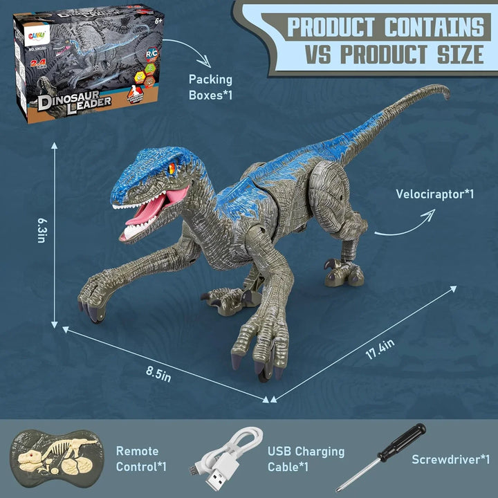 Kids' RC Velociraptor dinosaur toy, featuring realistic walking action & roaring sounds for immersive prehistoric play.