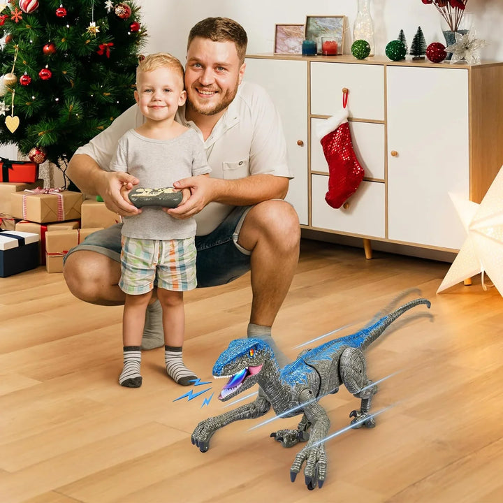 Dynamic RC Velociraptor dinosaur toy in action, showcasing its remote control capabilities & realistic design for kids.