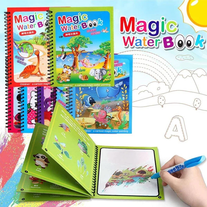 Kids' Reusable Magic Water Coloring Book & Pen Set, dinosaur theme, for mess-free educational play