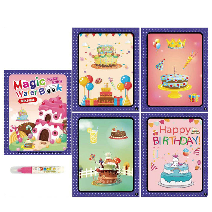 A stack of new Kids' Reusable Magic Water Coloring Books, various themes on display