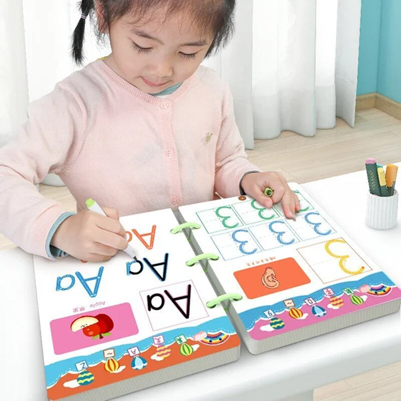 Kids' reusable practice workbook, ideal for toddler learning & preschool education in writing.