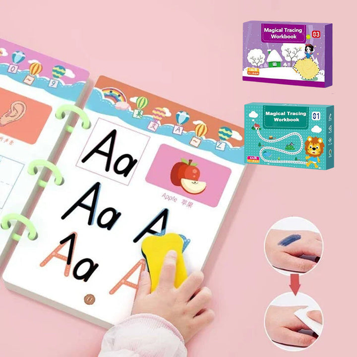 Preschool educational workbook, offering reusable pages for kids' writing and drawing practice.