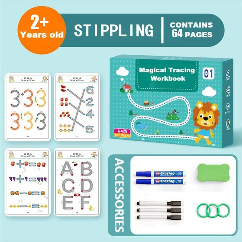 Kids' drawing skills workbook, reusable for toddler learning and early writing development.