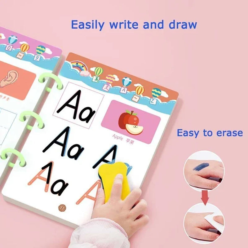 Toddler learning kit: practice workbook with erasable pages, improving drawing skills.