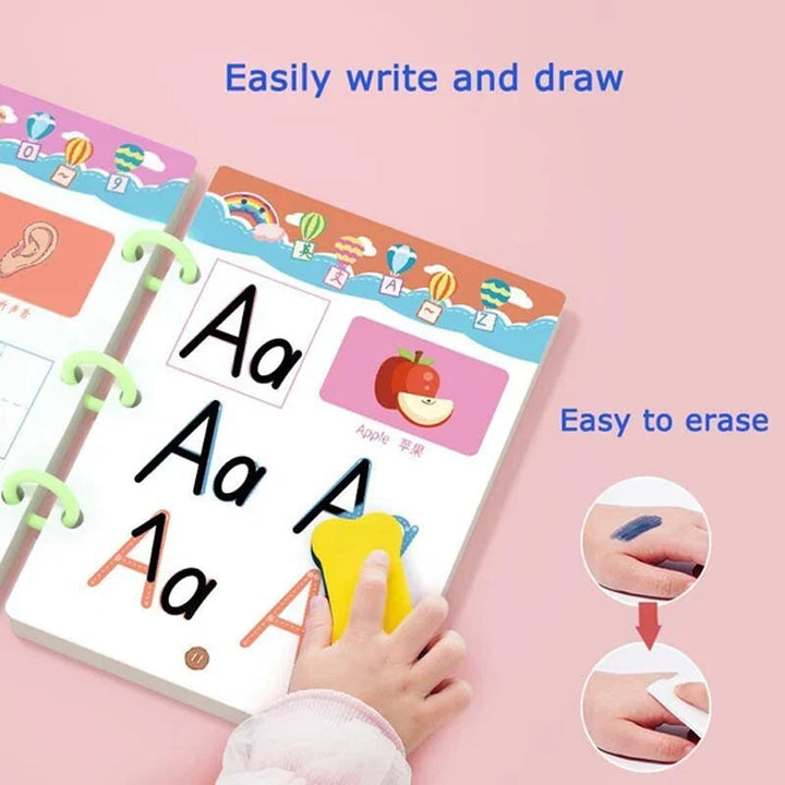 Toddler learning kit: practice workbook with erasable pages, improving drawing skills.
