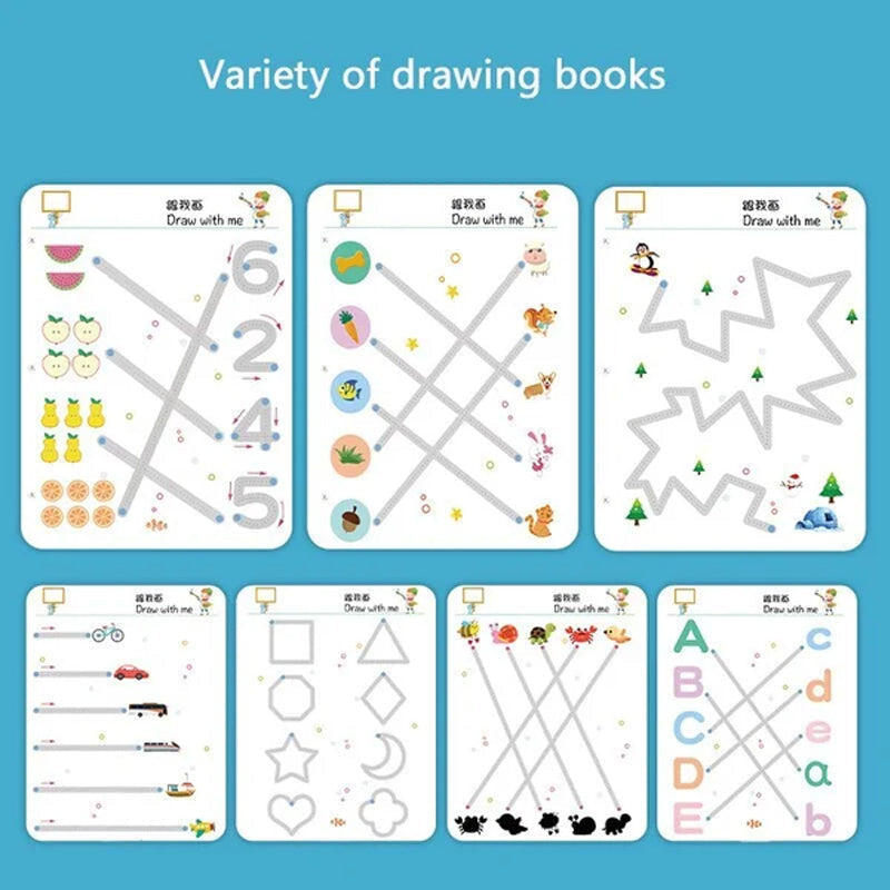 Preschool education reusable workbook for kids, focusing on early writing development.