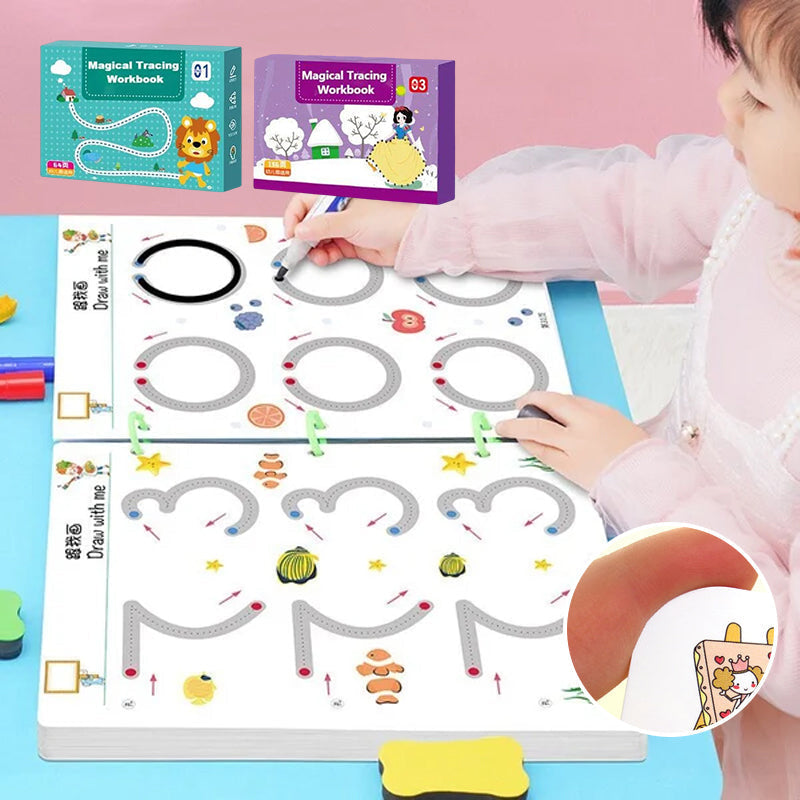 Writing practice workbook for kids; a reusable tool for toddler learning and drawing skills.