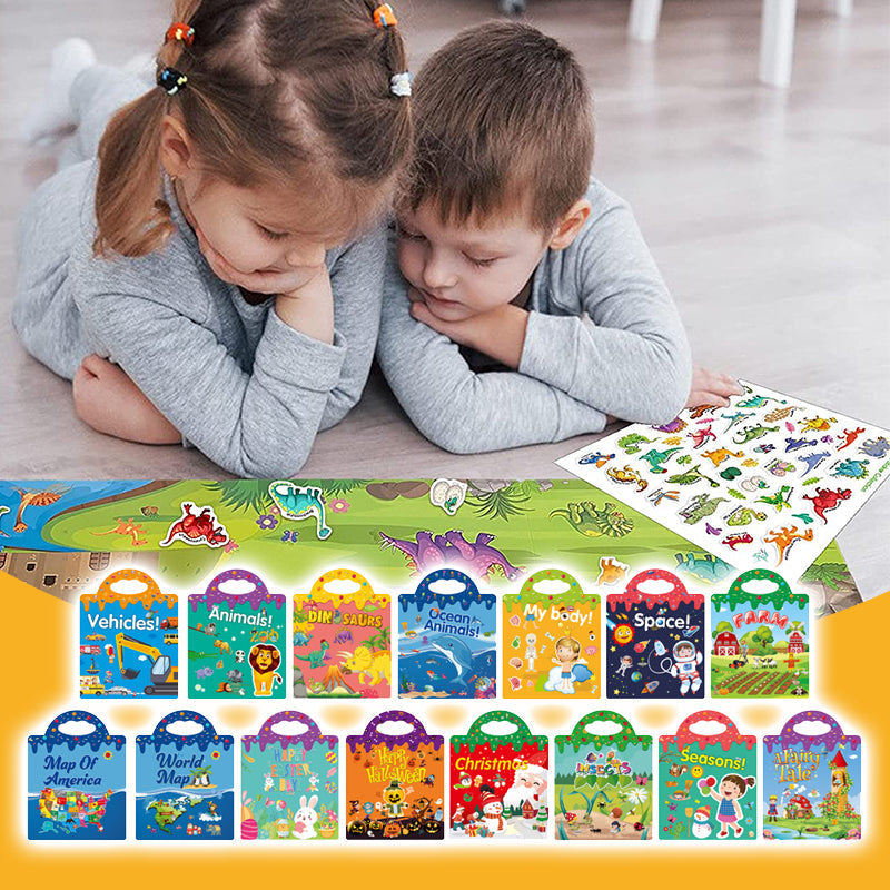 Kids Reusable Sticker Activity Book, toddler learning toy with educational scenes & repositionable stickers