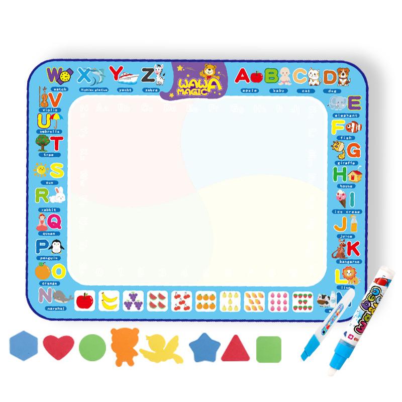 Child actively stamping shapes onto a Water Doodle Mat using water, promoting educational play