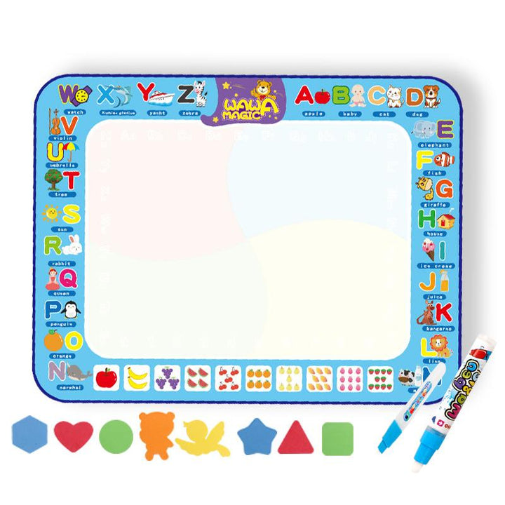 Child actively stamping shapes onto a Water Doodle Mat using water, promoting educational play