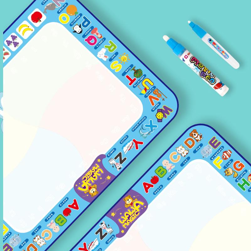 Water Drawing Mat with colorful designs appearing as water dries, reusable and mess-free kids toy